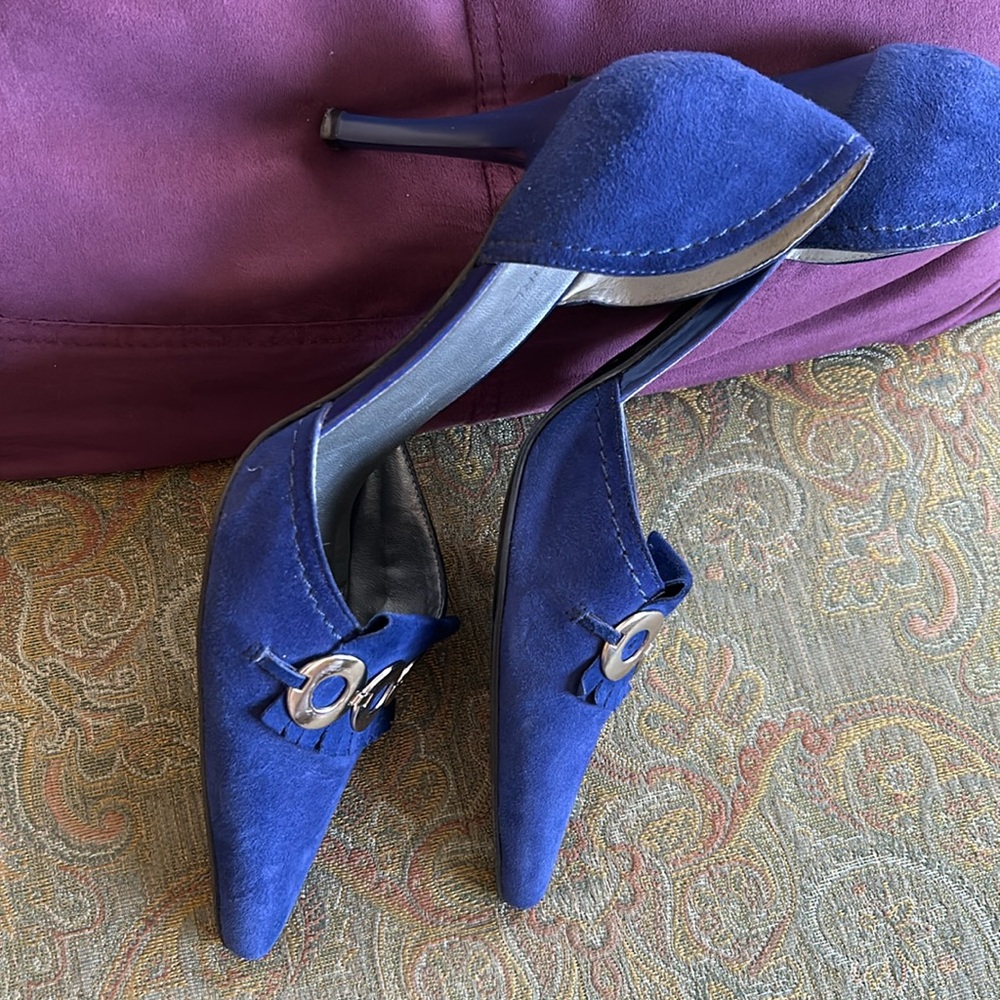 BCBG raspberry suede heels  with silver adornments